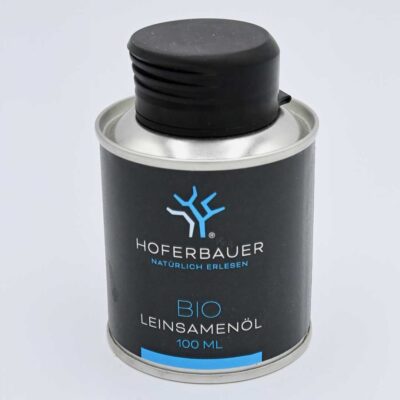Leinsamenöl in schwarzer Blechdose