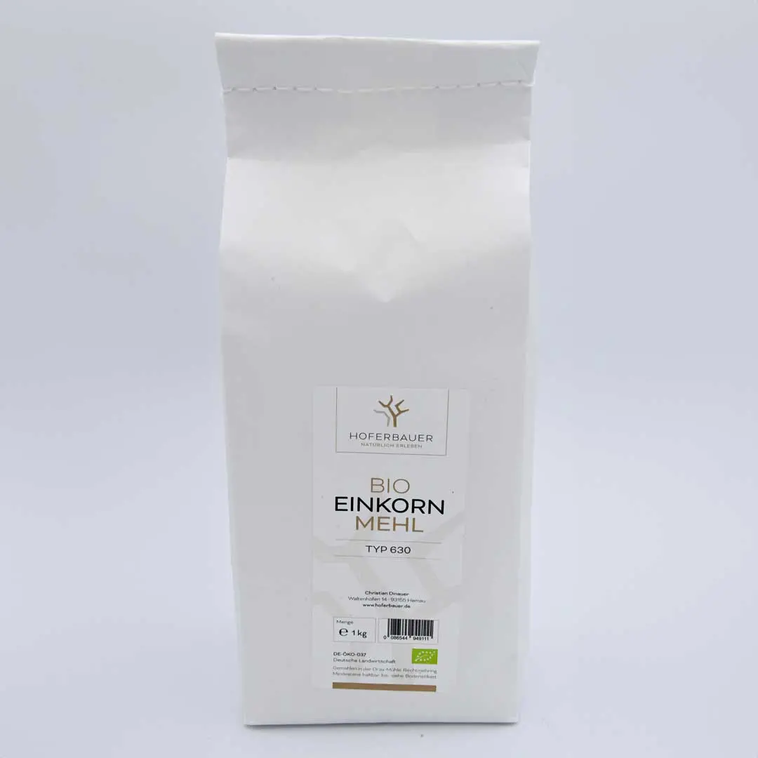 BIO Einkorn Mehl von Hofferbauer, 1 kg Eine Tüte Biomehl in weißer Verpackung