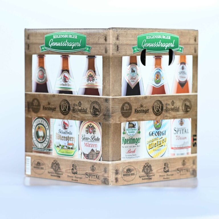 Verschiedene Biersorten im Holztragl