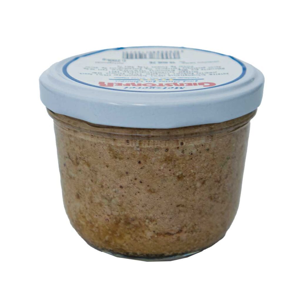 Ein Glas Bauernleberwurst mit einem blauen Deckel und einem Etikett.