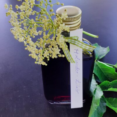 Holunderlikör in der Flasche auf frischem Holunder