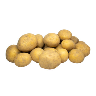 Eine Ansammlung von Anuschka-Kartoffeln auf einem weißen Hintergrund.