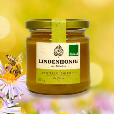 Glas Lindenhonig auf Blumen und freier Biene