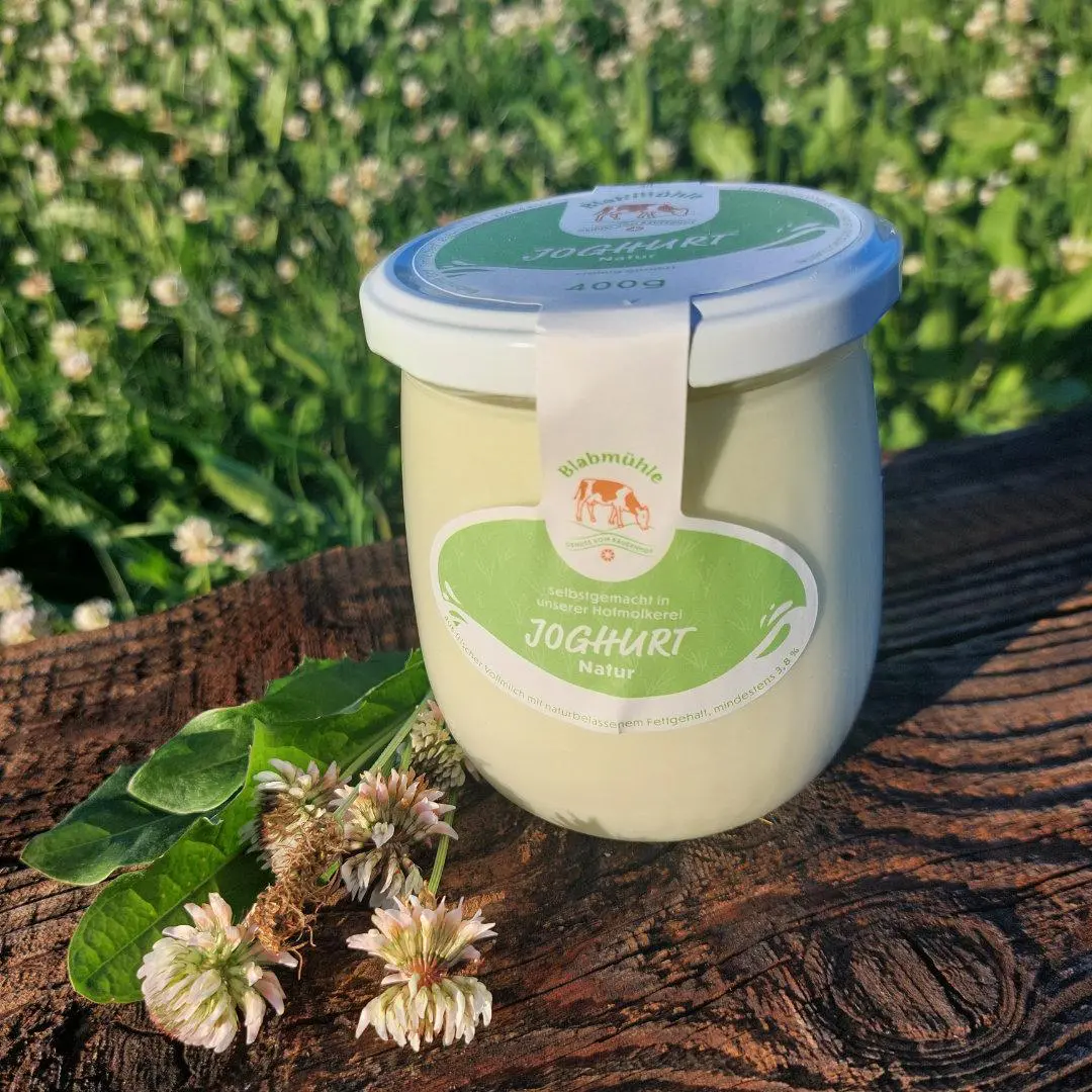 Naturjoghurt im Glasbehälter Naturjoghurt im Schraublas auf Holzbrett im Hintergrund Natur