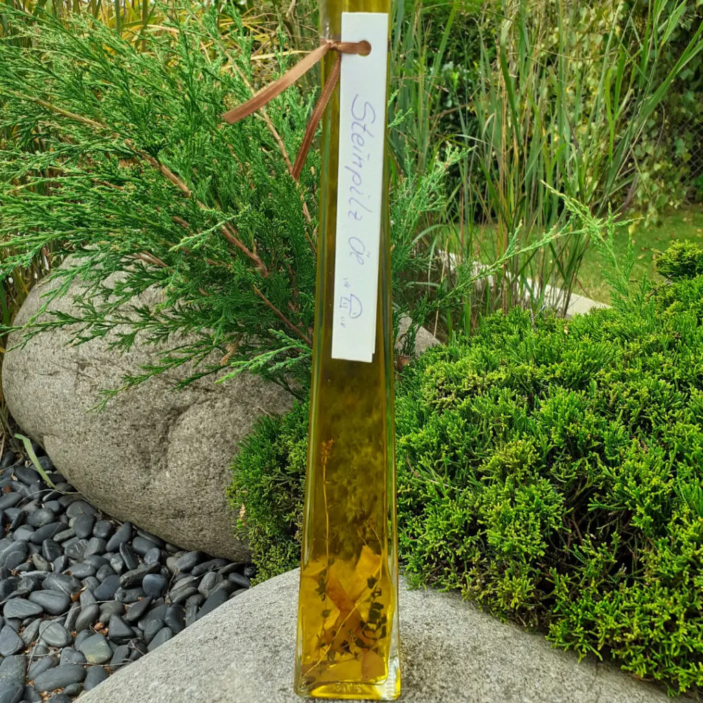 Steinpilzöl in Flasche auf großem Stein