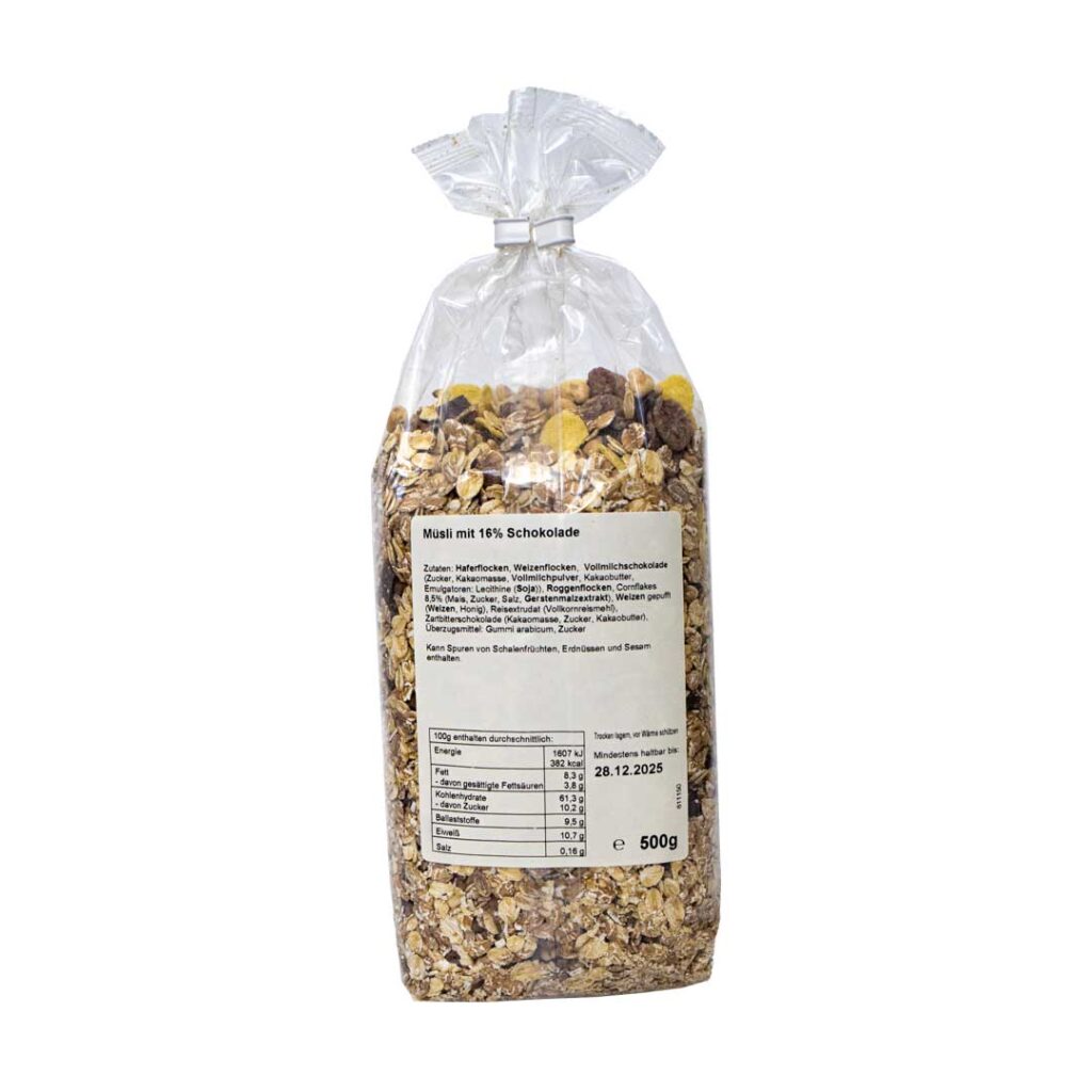 Schoko Knusper Müsli von hinten von der Ecklmühle