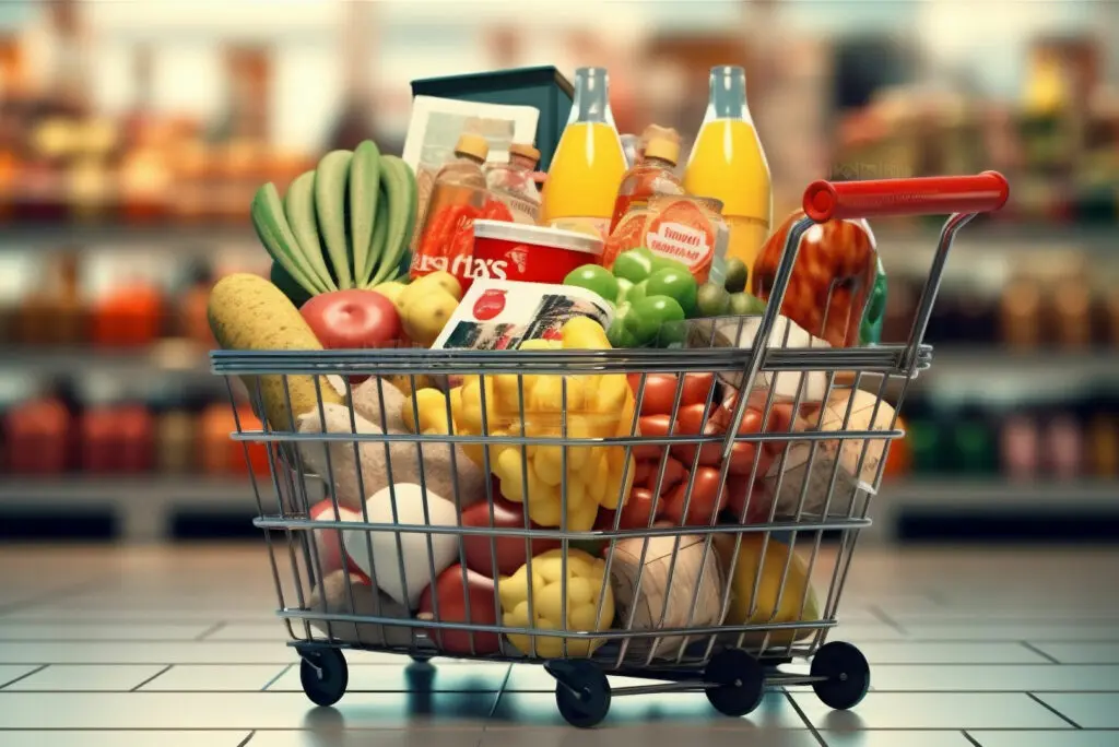 Ein Einkaufswagen gefüllt mit verschiedenen Lebensmitteln, darunter Obst, Gemüse und Getränke.
