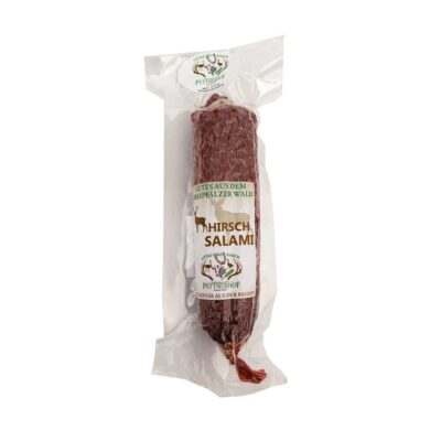 Verpackte Hirschsalami mit Etikett, das Herkunft und Produktinformationen zeigt.