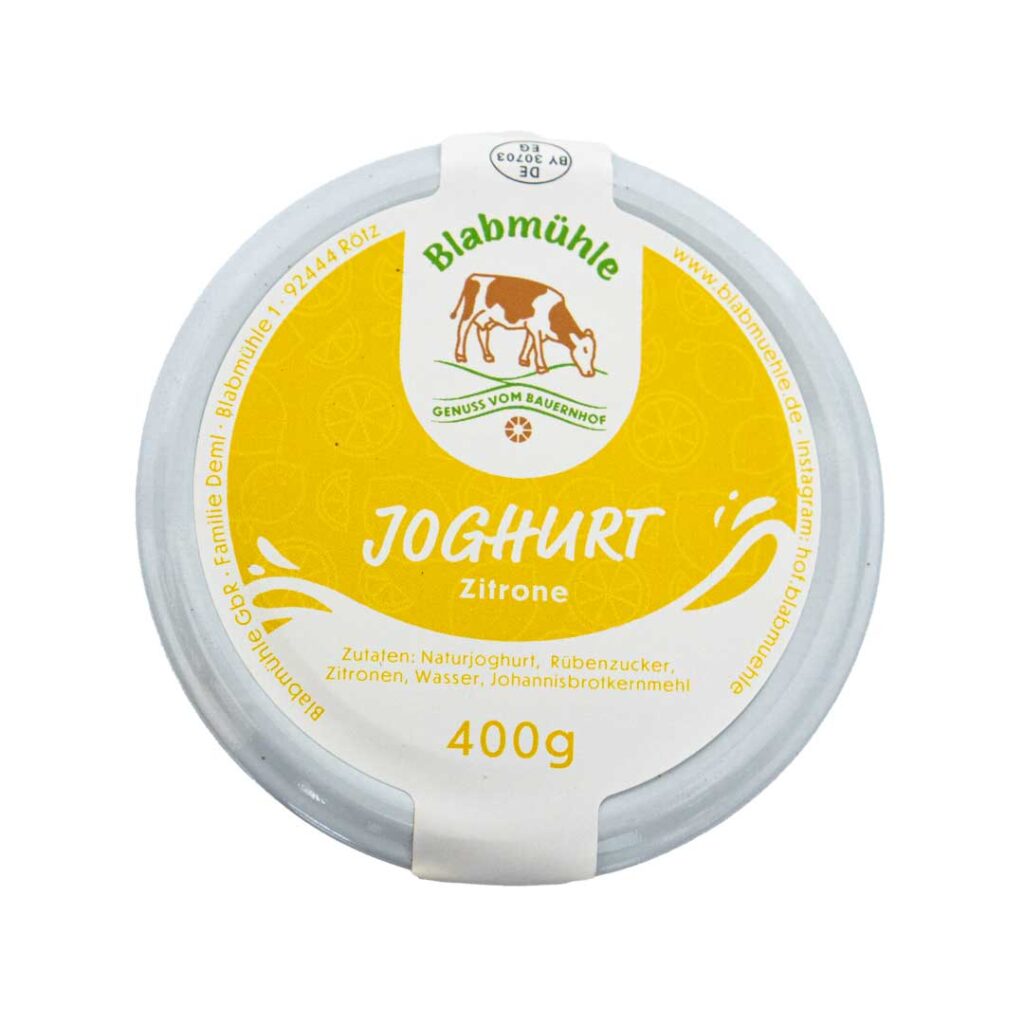 Becher mit Blabmühle Joghurt Zitrone, 400g, mit Zutatenliste.