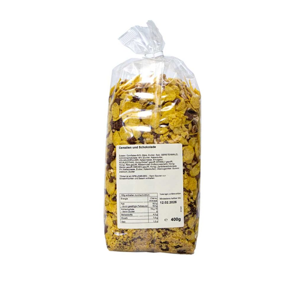 Knusper Schoko Flakes 400g von Hinten von der Minderleinsmühle