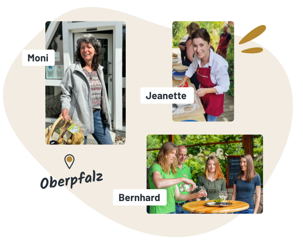 Drei Personen in Oberpfalz: Moni mit einem Korb, Jeanette beim Kochen und Bernhard mit zwei Frauen.