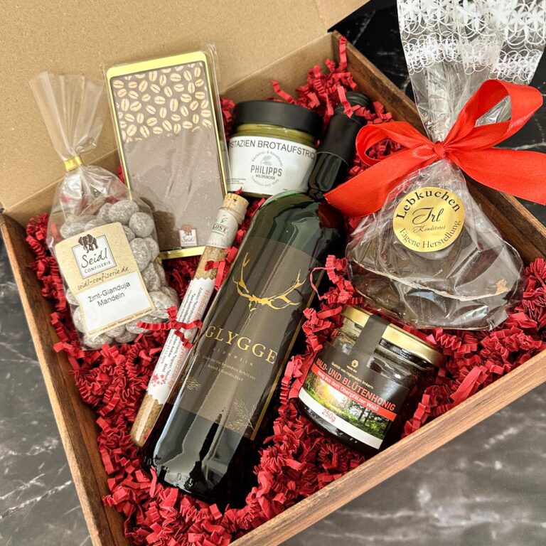 Weihnachtsbox, Geschenk, Glühwein, Honig, Schokolade, Lebkuchen, Aufstrich, Gewürzzucker, Mandeln, Zimt-Gianduja Mandeln