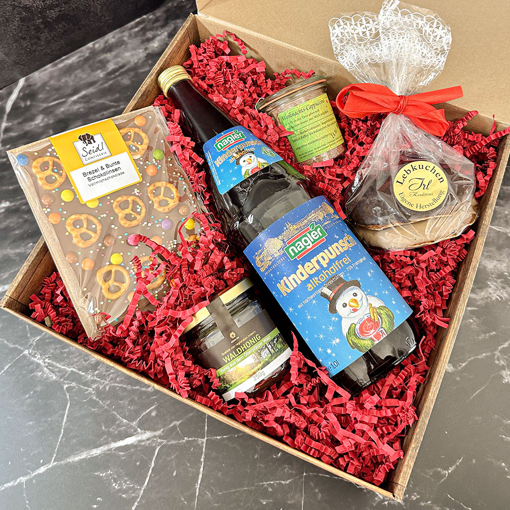 Weihnachtsbox, Geschenk, Kinderpunsch, Lebkuchen, Schokolade, Honig, Cappuccino