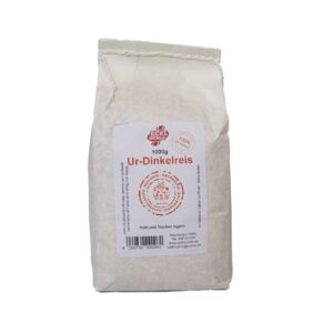 Verpackung von Ur-Dinkelreis in einem weißen Beutel mit Etikett.