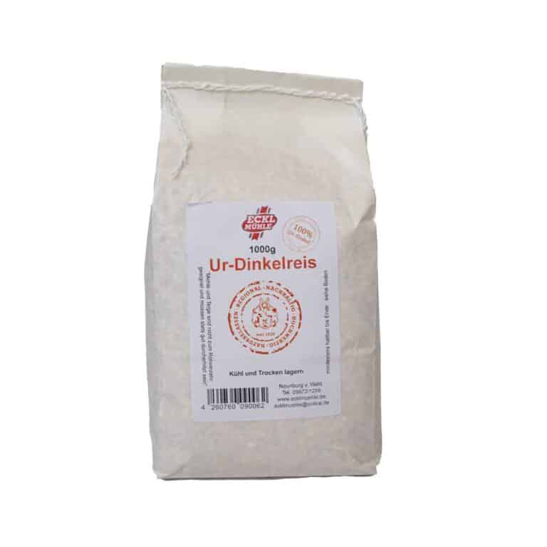 Verpackung von Ur-Dinkelreis in einem weißen Beutel mit Etikett.
