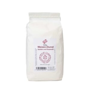Verpackung von Weizendunst in einem weißen Beutel mit rotem Etikett.