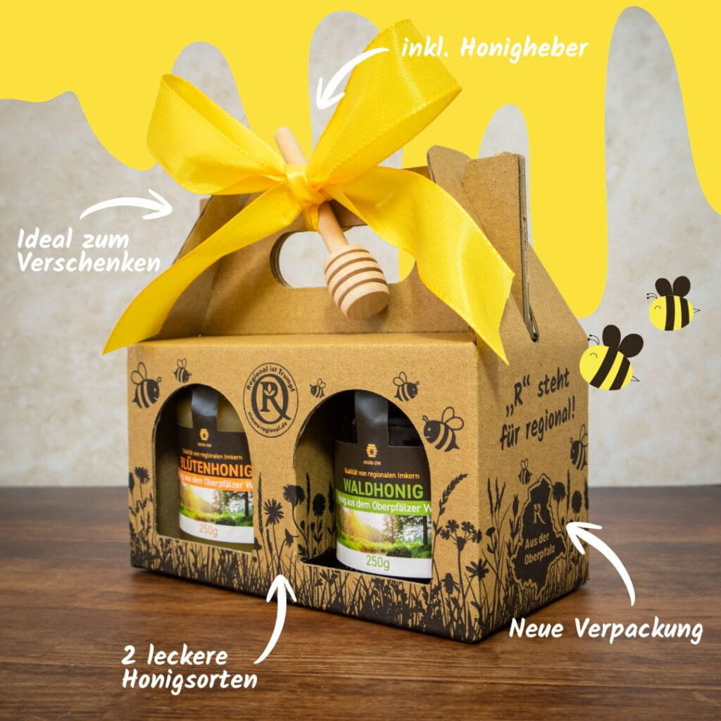 Honig Geschenkset mit Blütenhonig und Waldhonig aus der Oberpfalz in dekorativer Kartonverpackung mit gelber Schleife und Honigheber