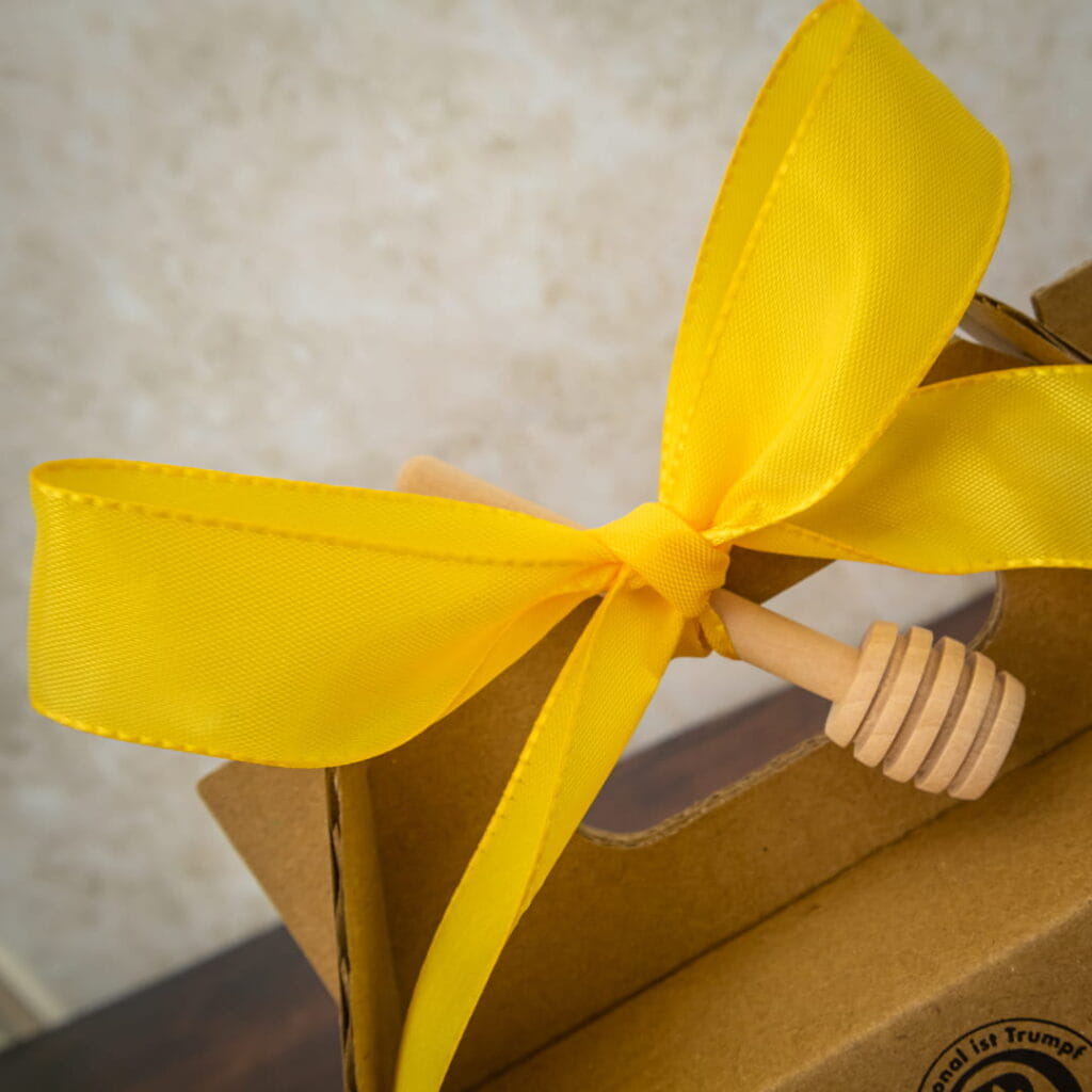 Honig Geschenkset mit Blütenhonig und Waldhonig aus der Oberpfalz in dekorativer Kartonverpackung mit gelber Schleife und Honigheber