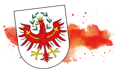 Das Wappen von Tirol zeigt einen roten Adler auf weißem Hintergrund mit goldenen Details und grünen Lorbeerzweigen.